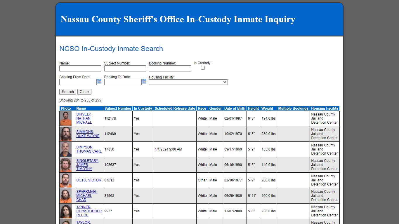 NCSO In-Custody Inmate Search